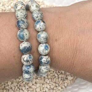 K2 JASPER GEMSTONE  Stretch Bracelet, 9mm beads. Rare, White Granite & Azurite